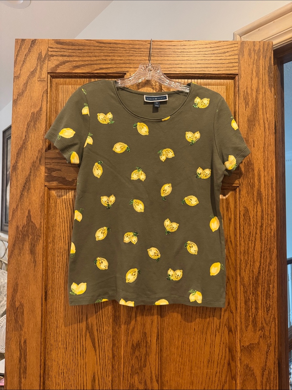 Karen Scott Olive Green Lemon Print Short Sleeve Tee